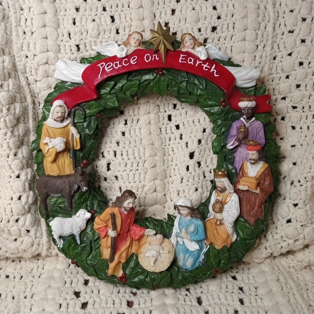 Nativity Christmas Scene Manger Wreath Wall Hanging 12" Heavy‎ Collections ECT